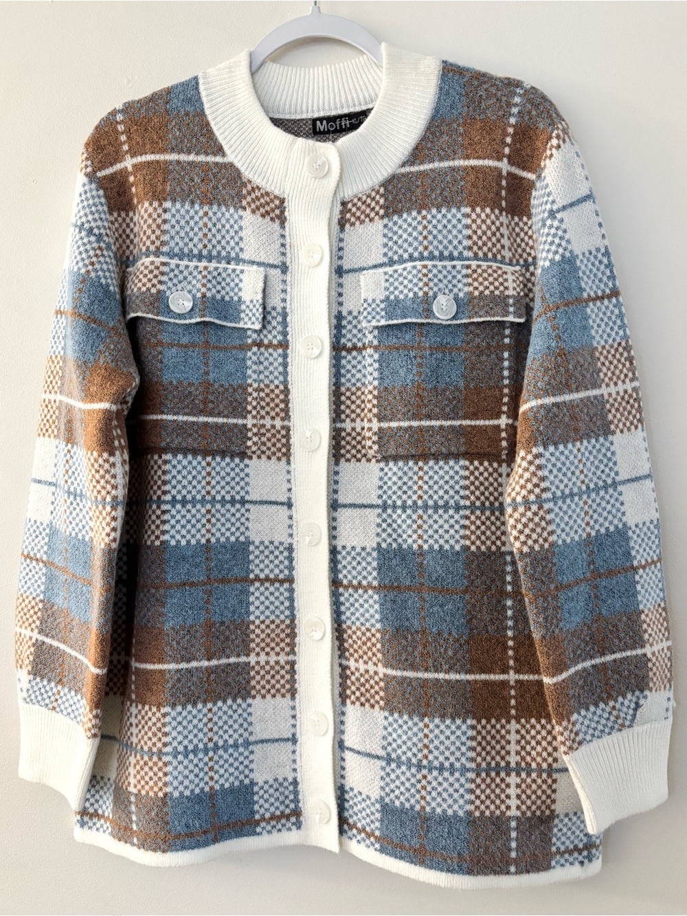 Offi Cream, Blue & Brown Plaid Knit Cardigan